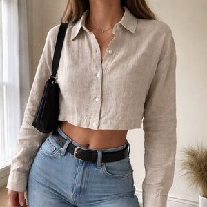 Wilfred Aritzia 100% Organic Linen Cropped Button Down Shirt Beige S